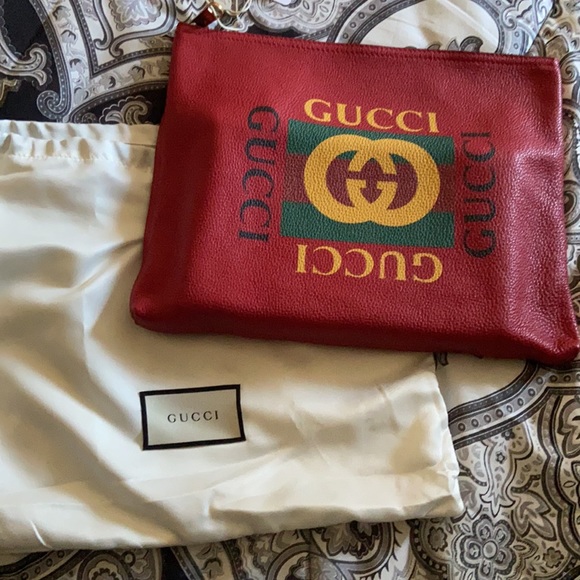 Gucci clutch red leather Gucci print green and yellow - Picture 2 of 6